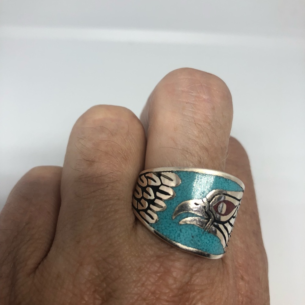 Vintage Southwestern Turquoise Inlay Hawk Ring - Picture 6 of 6